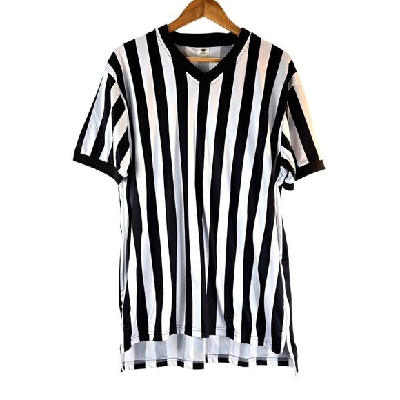 FitsTF Mens Referee Jersey Shirt V-Neck Size L Black White Stipe Sports Umpire - Picture 2 of 10